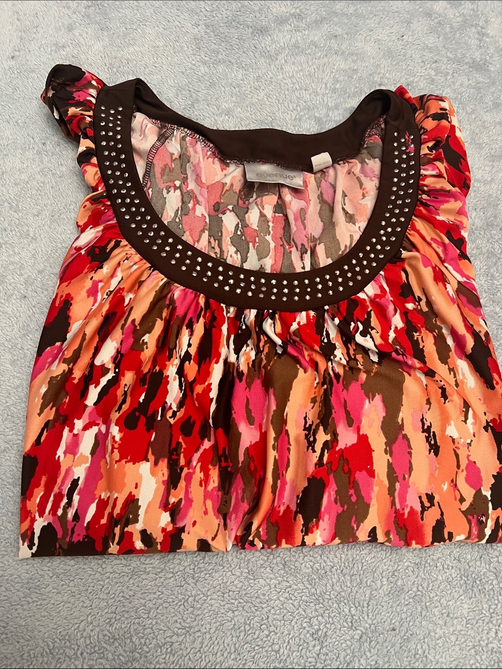 Avenue Pink Red Orange Printed Scoop-Neck Camisole with Studded Brown Trim